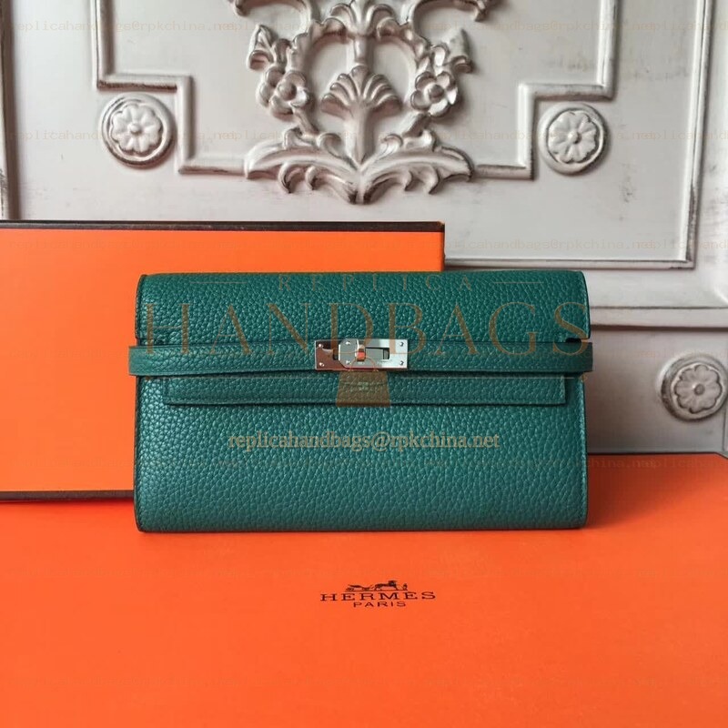 Replica Hermes Teal Green Kelly Wallet Silver Hardware