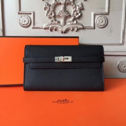 Replica Hermes Black Pebbled Kelly Wallet Silver Hardware