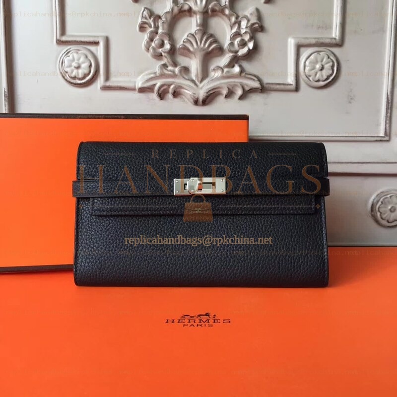 Replica Hermes Black Pebbled Kelly Wallet Silver Hardware