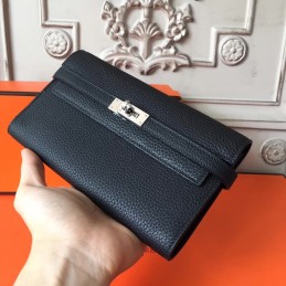 Replica Hermes Black Pebbled Kelly Wallet Silver Hardware