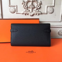 Replica Hermes Black Pebbled Kelly Wallet Silver Hardware