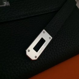 Replica Hermes Black Pebbled Kelly Wallet Silver Hardware