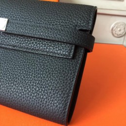 Replica Hermes Black Pebbled Kelly Wallet Silver Hardware