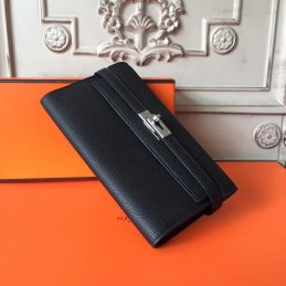 Replica Hermes Black Pebbled Kelly Wallet Silver Hardware