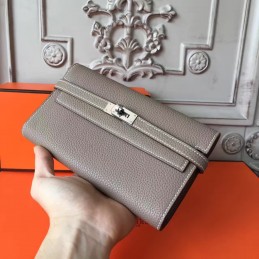 Replica Hermes Gray Pebbled Kelly Wallet Silver Hardware