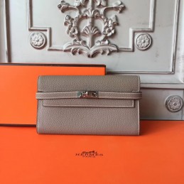 Replica Hermes Gray Pebbled Kelly Wallet Silver Hardware