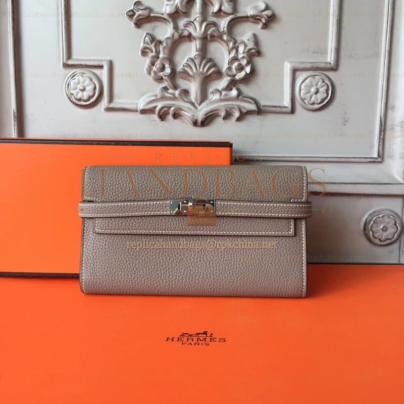 Replica Hermes Gray Pebbled Kelly Wallet Silver Hardware