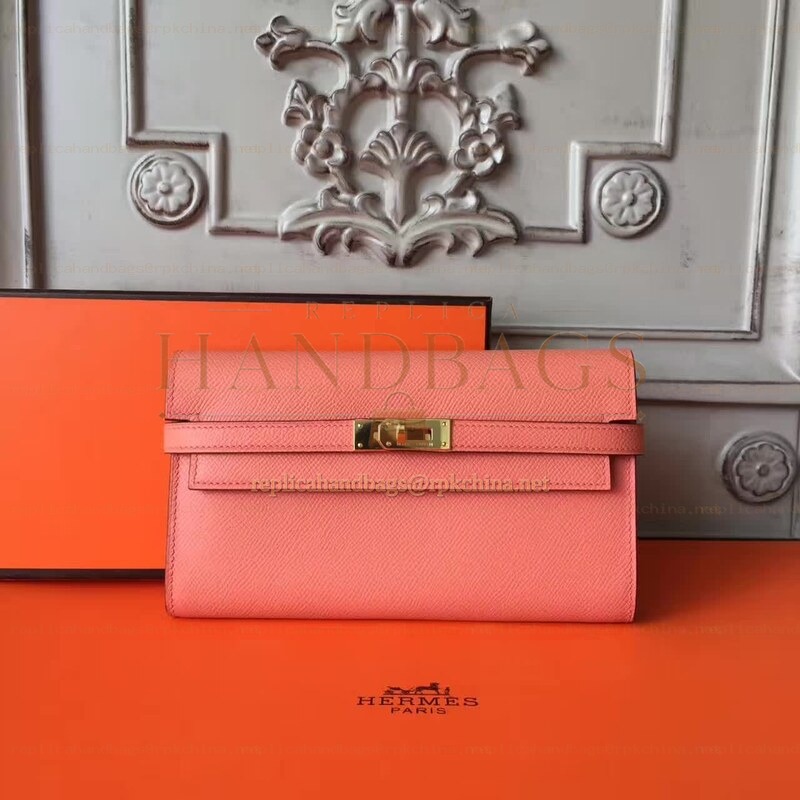 Replica Hermes Coral Pink Kelly Wallet Gold Hardware