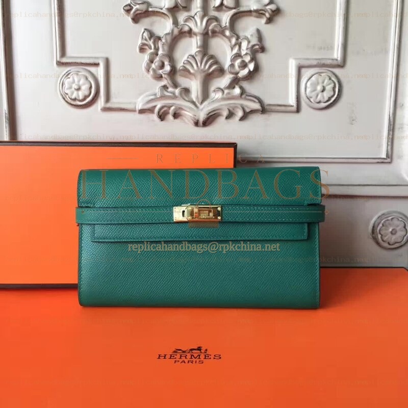 Replica Hermes Green Kelly Wallet Gold Hardware