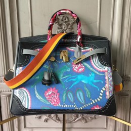 Replica Hermes Black Blue Multicolor Print Birkin 35 Bag