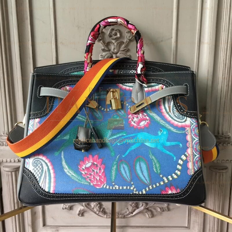 Replica Hermes Black Blue Multicolor Print Birkin 35 Bag