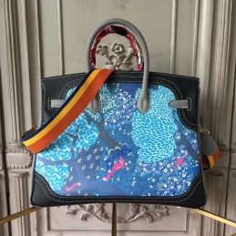 Replica Hermes Black Blue Multicolor Print Birkin 35 Bag