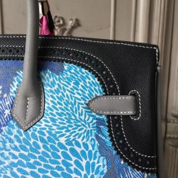 Replica Hermes Black Blue Multicolor Print Birkin 35 Bag
