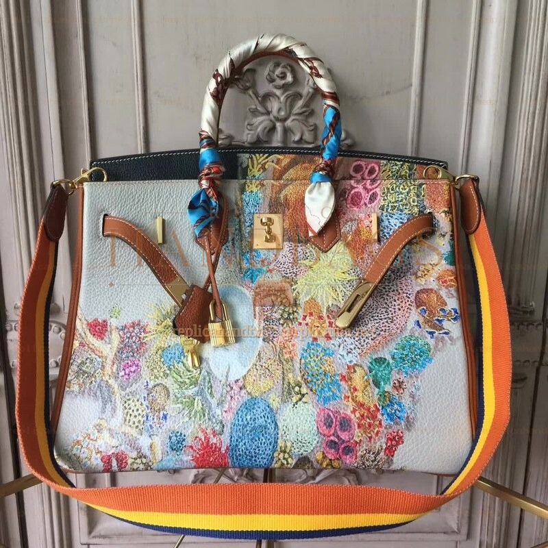 Replica Hermes White Multicolor Print Birkin 35 Bag