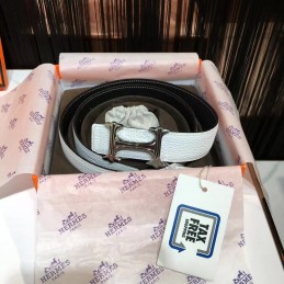 Replica Hermes White Reversible Black H Buckle Leather Belt