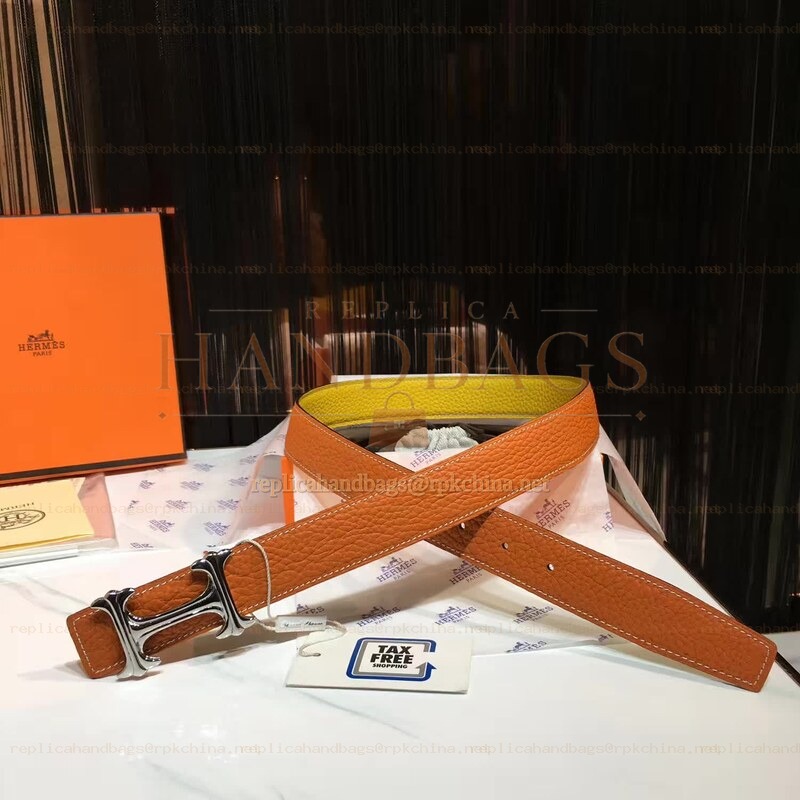 Replica Hermes Orange Leather H Buckle Belt