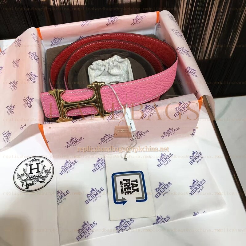 Replica Hermes Pink and Red Reversible H Buckle Leather Belt