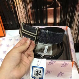 Replica Hermes Black Contrast Stitch H Buckle Leather Belt