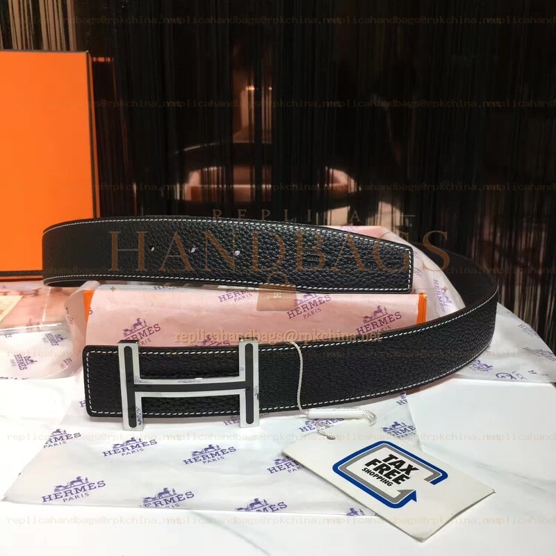 Replica Hermes Black Contrast Stitch H Buckle Leather Belt