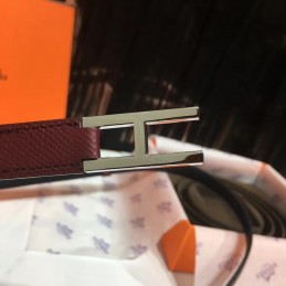 Replica Hermes Burgundy and Gray Reversible H Buckle Leather Belt