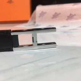 Replica Hermes Black White Slim Silver H Buckle Leather Belt