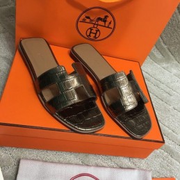 Replica Hermes Dark Brown Crocodile H Sandal