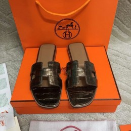 Replica Hermes Dark Brown Crocodile H Sandal
