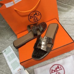 Replica Hermes Dark Brown Crocodile H Sandal