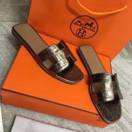Replica Hermes Dark Brown Crocodile H Sandal