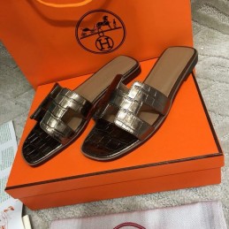 Replica Hermes Dark Brown Crocodile H Sandal