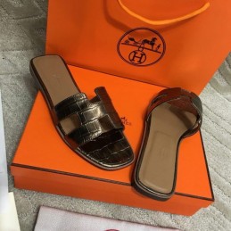 Replica Hermes Dark Brown Crocodile H Sandal