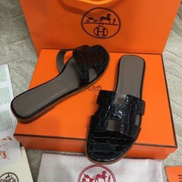 Replica Hermes Black Crocodile H Sandal