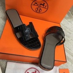 Replica Hermes Black Crocodile H Sandal