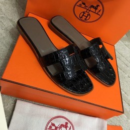Replica Hermes Black Crocodile H Sandal