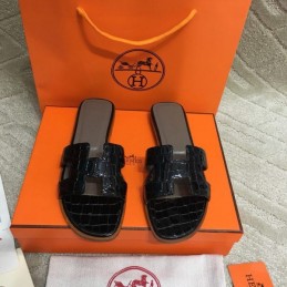 Replica Hermes Black Crocodile H Sandal