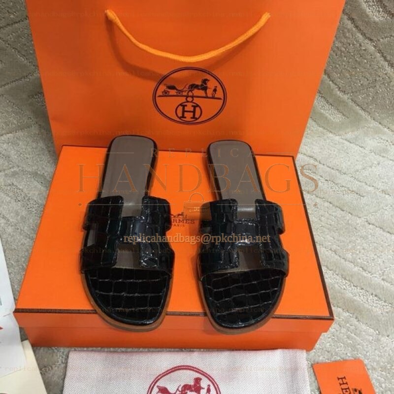 Replica Hermes Black Crocodile H Sandal
