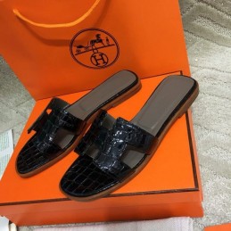 Replica Hermes Black Crocodile H Sandal