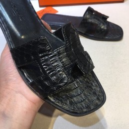 Replica Hermes Black Crocodile Slide Sandal