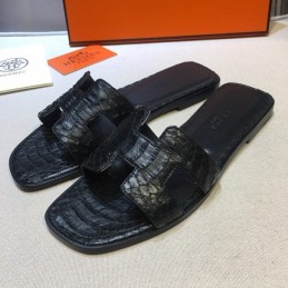 Replica Hermes Black Crocodile Slide Sandal