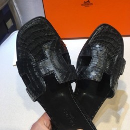 Replica Hermes Black Crocodile Slide Sandal