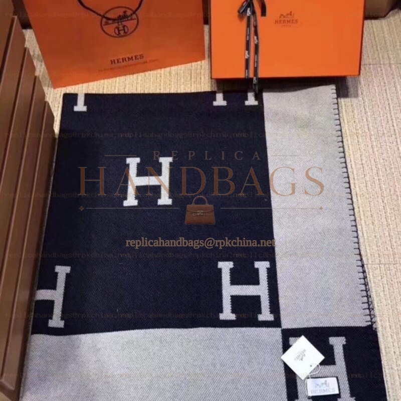 Replica Hermes Navy and Gray Avalon H Wool Cashmere Blanket