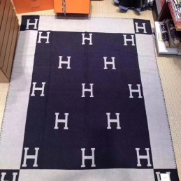 Replica Hermes Navy and Gray Avalon H Wool Cashmere Blanket