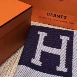 Replica Hermes Navy and Gray Avalon H Wool Cashmere Blanket