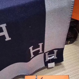 Replica Hermes Navy and Gray Avalon H Wool Cashmere Blanket
