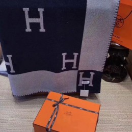 Replica Hermes Navy and Gray Avalon H Wool Cashmere Blanket
