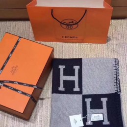 Replica Hermes Navy and Gray Avalon H Wool Cashmere Blanket