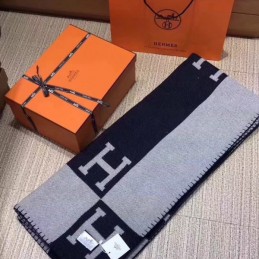 Replica Hermes Navy and Gray Avalon H Wool Cashmere Blanket