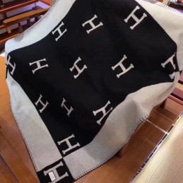 Replica Hermes Black and Gray Avalon H Wool Cashmere Blanket