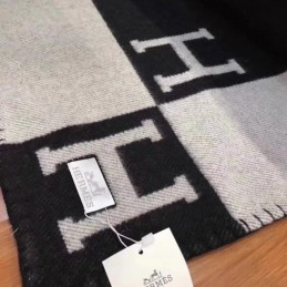 Replica Hermes Black and Gray Avalon H Wool Cashmere Blanket