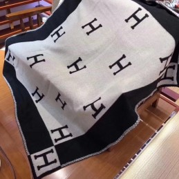 Replica Hermes Black and Gray Avalon H Wool Cashmere Blanket